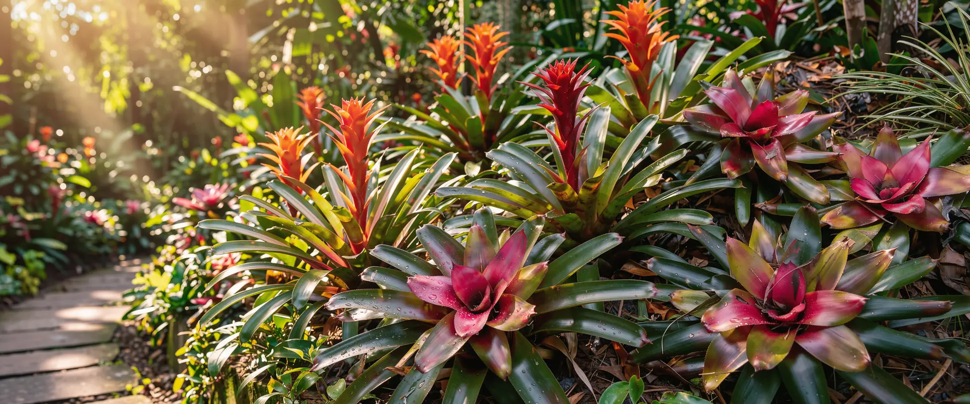 Bromelias Guzmania y Neoregelia en flor en un jardín tropical con luz natural