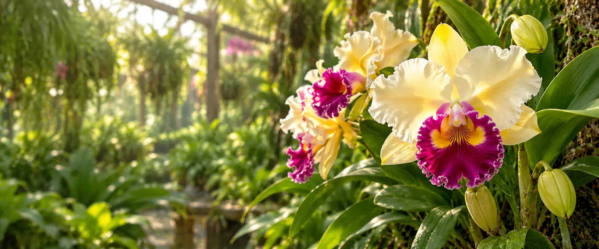 Orquídea Cattleya amarilla con labelo púrpura en flor