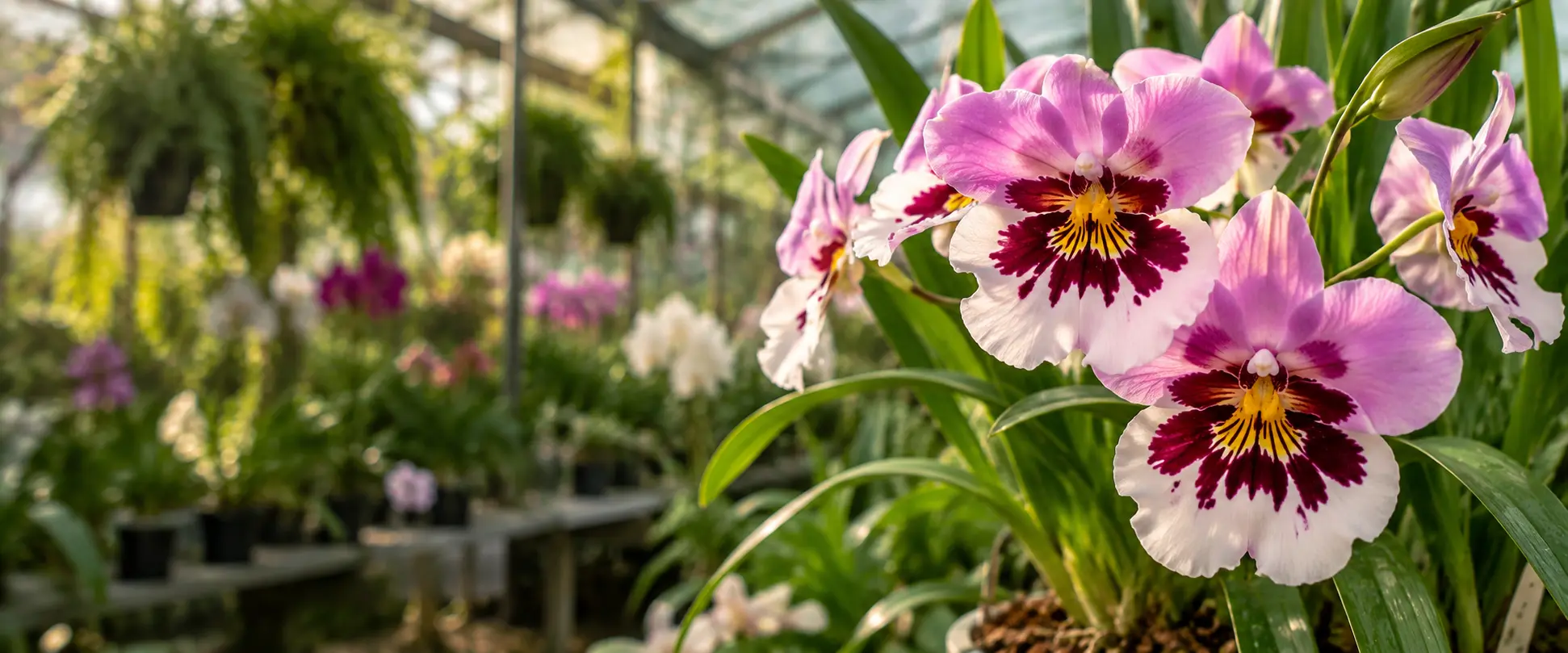Orquídeas Miltoniopsis rosas y blancas en flor en un invernadero con luz natural