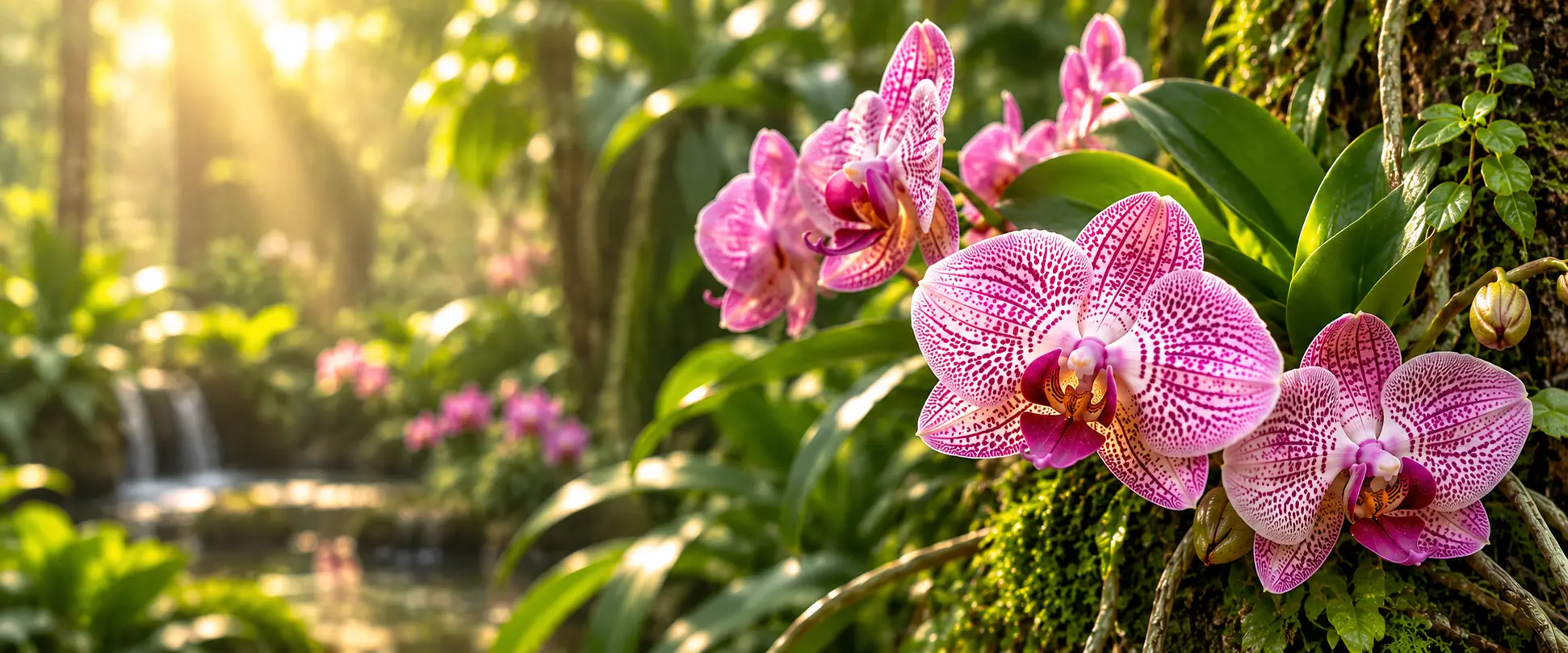 Orquídeas Phalaenopsis rosas moteadas en un tronco con musgo