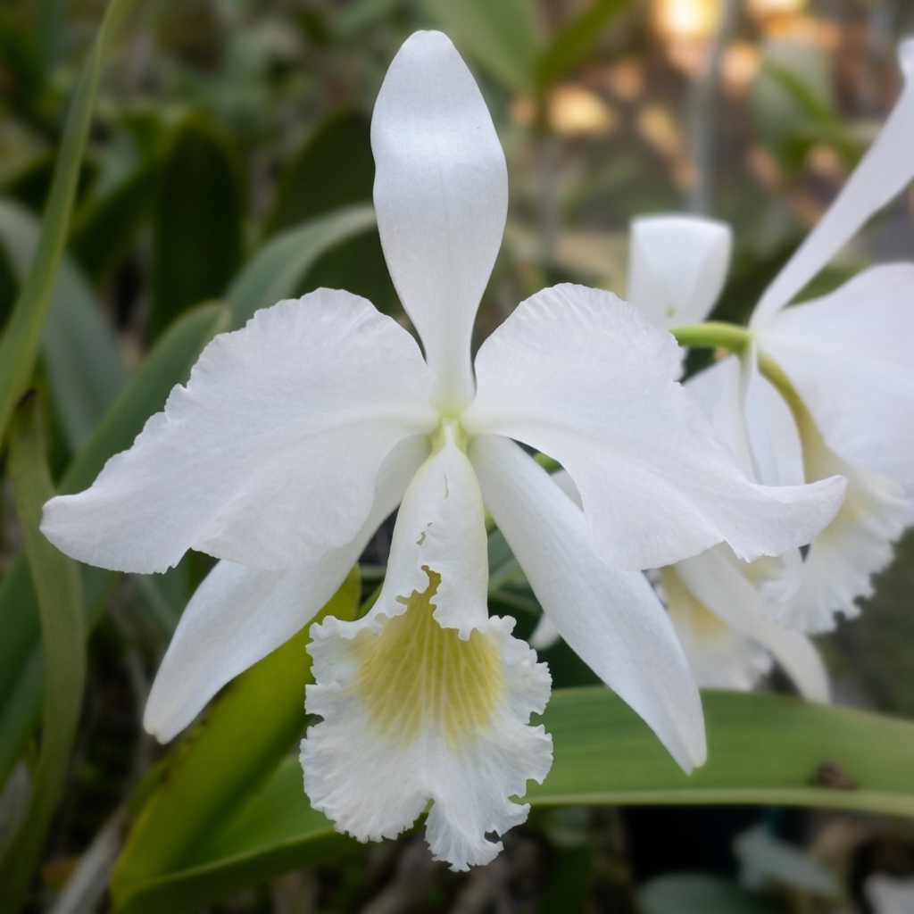 Cattleya labiata var. alba x self em floração nobre com pétalas brancas puras e garganta amarela
